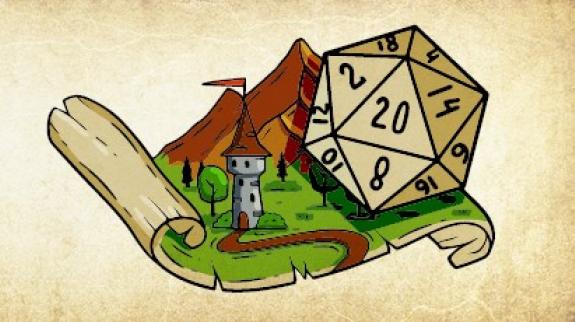 A colorful cartoon featuring a Dungeons and Dragons dice next to a whimsical castle, blending fun and fantasy in a playful scene.