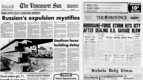 Vintage newspapers highlighting historical news from British Columbia.