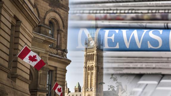 The Canadian flag displayed prominently with various Canadian news media symbols, highlighting the nation's media presence.