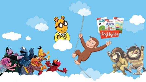A lively illustration showcasing beloved characters from Sesame Street, Arthur, and Curious George enjoying a playful moment.