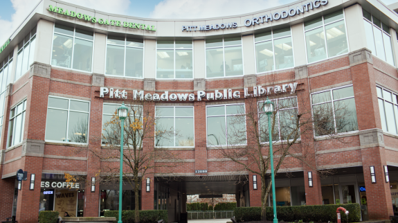 Exterior photo of Pitt Meadows Library on the second floor of the building.