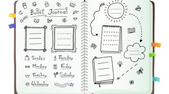 Bullet journal pages with doodle drawings and week layout, open notebook with hand drawn sketch doodles isolated on white background.