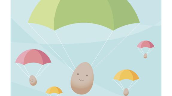Eggs with parachutes drop in an animated sky.