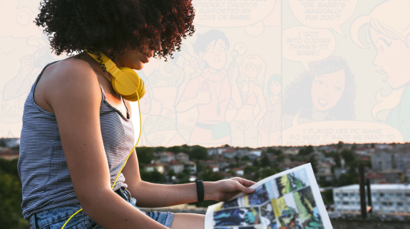 Portrait of a teenage girl on a rooftop. Reading a comic. Enjoying the sunset. Self-time moments.