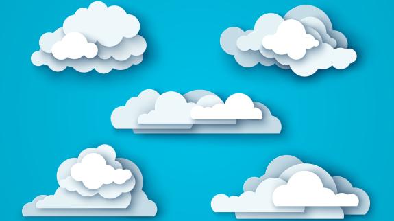 White clouds set isolated on blue sky background. Layered paper cut style with shadows.
