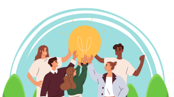 Illustration, several individuals in a park raise a light bulb together, representing innovation and teamwork in a vibrant outdoor setting.