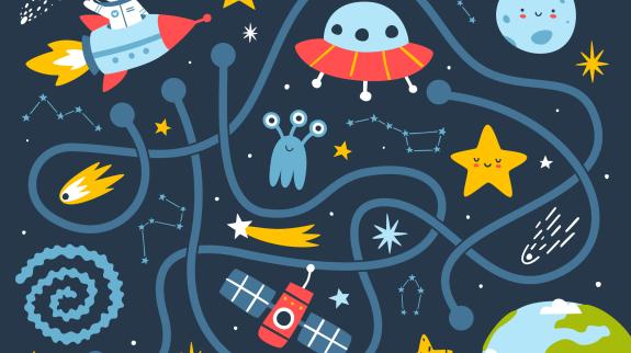 Cosmic maze with animal astronaut for kids.