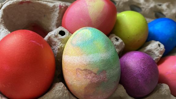 Tie dyed and multi color Easter eggs.