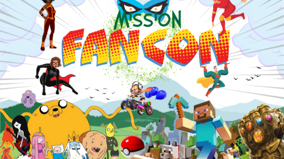 Illustration, Mission FanCon logo with characters from pop culture fandoms