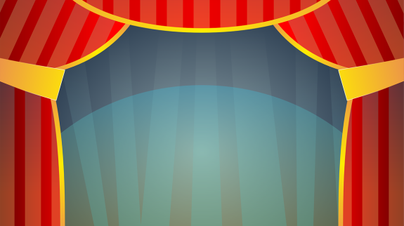 Puppet stage, wooden floor, red curtains with yellow trim. blue background