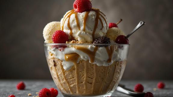 Ice cream sundae in a bowl. Ice cream with fruit and caramel topping. 
