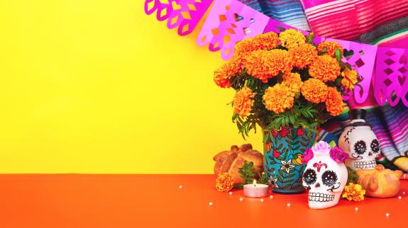 Day of the dead, Dia De Los Muertos Celebration Background With sugar Skull, calaverita, marigolds and more.