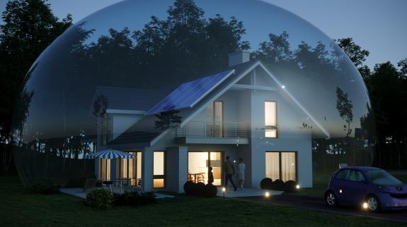 House and a family inside glass bubble dome, evening scene. 