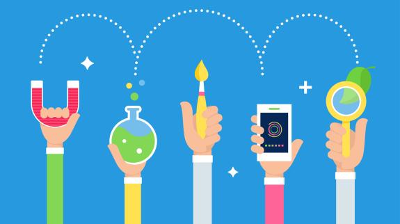 Steam Integrated Education Approach. Arts and Science. Students Holding Tools in Hands.