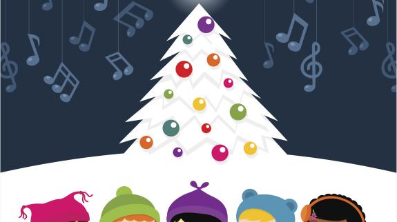 Cartoon image of holiday carolers singing in front of a white Christmas tree.