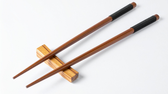 2 brown chopsticks with black grips laying on a chopstick rest.