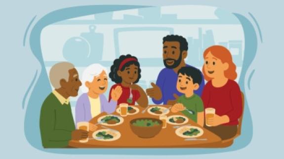 image of a family eating together around a table. This is the family literacy day logo for 2026.