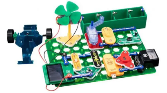 Snap circuits board with components in place.