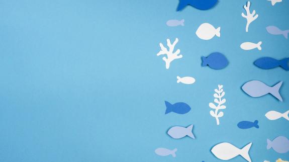 Fish and coral cut out of paper on a blue background.