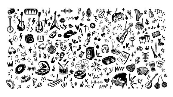 Hand drawn doodle rock, punk, pop music festival funky background.