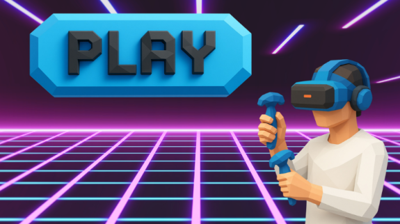 Virtual Reality Banner with Cyberspace Background blue play button and male in white shirt playing virtual reality