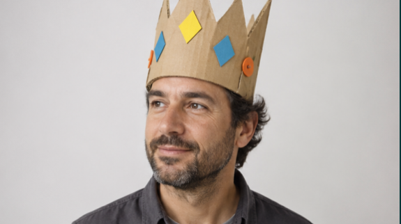 A smiling man wears a cardboard crown.