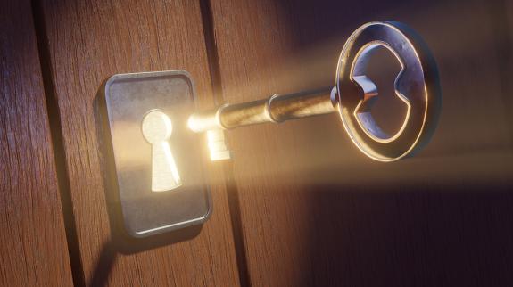 A golden key inserted in a keyhole on a wooden door, emitting bright light, symbolizing discovery or unlocking potential.