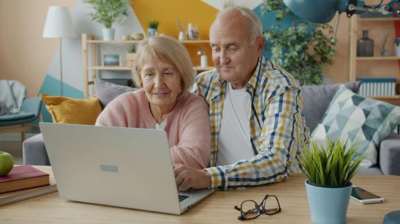 Senior couple using a laptop computer on a desk in a bright day lit living room.