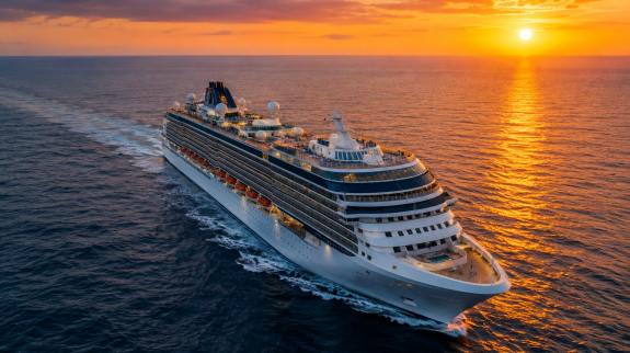 A large cruise ships sails calm waters at sunset.