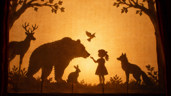 A group of animals and a little girl are represented by shadow puppets. 