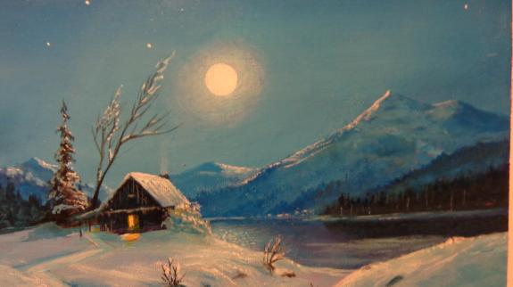Painting of a winter night's scene - a cabin in the distance surrounded by mountains and snow.