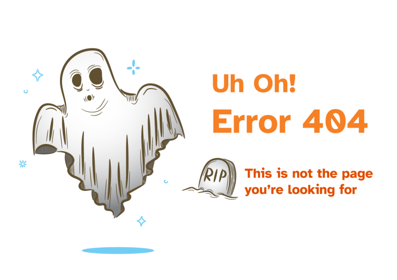 Illustration of a ghost showing a "404 Error" message indicating the page cannot be found.