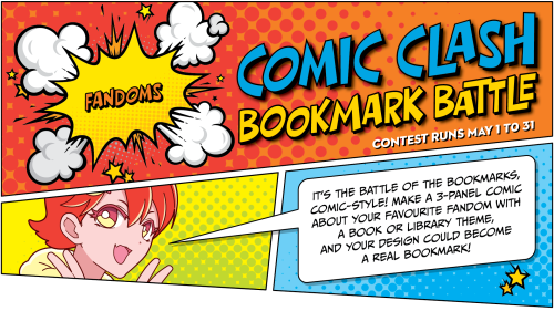 A comic book style promotional graphic for FVRL's Comic Clash Bookmark Battle contest, which run from May 1 to May 31, 2026.