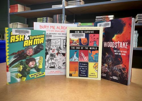A variety of graphic novels in different genres and age groups.