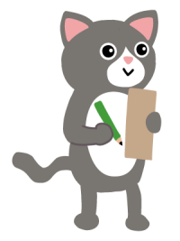 A smiling cat holds a clipboard and a pencil.