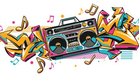 Musical boom box tape recorder with colorful funky graffiti arrows and notes.