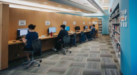 People working at desks in a library, focused on computers, surrounded by books and a quiet study environment.