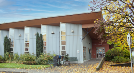 Exterior view of Agassiz Library featuring a tree adorned with bright yellow leaves, highlighting the essence of fall.