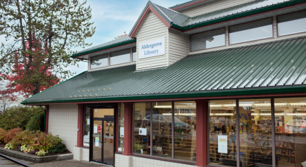 Aldergrove Library's exterior showcases a unique green roof design.