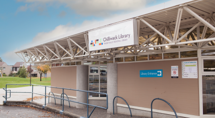 Photo of Chilliwack Library's exterior with a visible sign on the building.