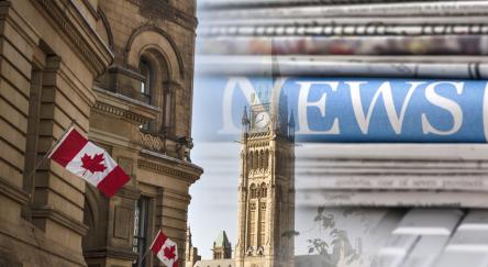 The Canadian flag displayed prominently with various Canadian news media symbols, highlighting the nation's media presence.