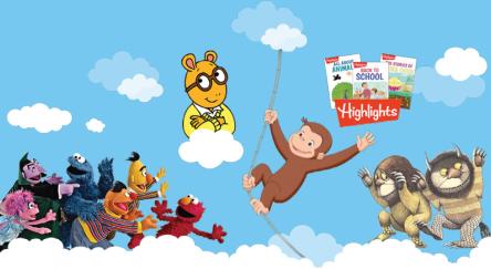 A lively illustration showcasing beloved characters from Sesame Street, Arthur, and Curious George enjoying a playful moment.