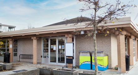 Exterior view of the Ladner Pioneer Library with a tree prominently in front of the building.
