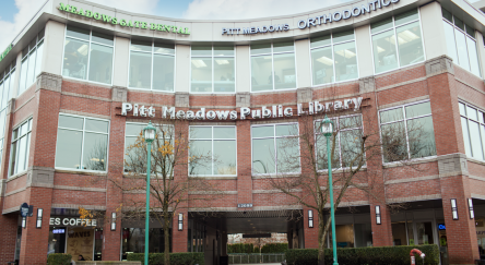 Exterior photo of Pitt Meadows Library on the second floor of the building.