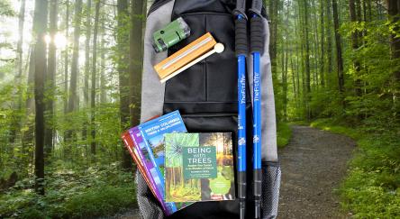 A backpack filled with hiking gear and books rests on a scenic trail surrounded by nature.