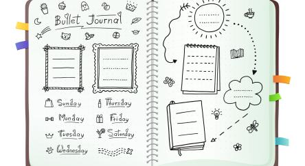 Bullet journal pages with doodle drawings and week layout, open notebook with hand drawn sketch doodles isolated on white background.