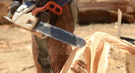 Torso of a man with a chainsaw, working on using it to carve a large piece of wood into art.