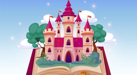 Open fairytale book. Storybook with fairy tale castle knight or princess, magic fantasy.