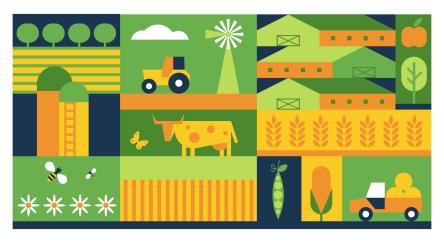 A montage of farm imagery, including trees, grain elevators, tractors, barns, bees, fruit and vegetables.