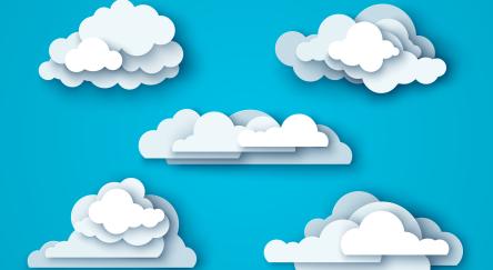 White clouds set isolated on blue sky background. Layered paper cut style with shadows.